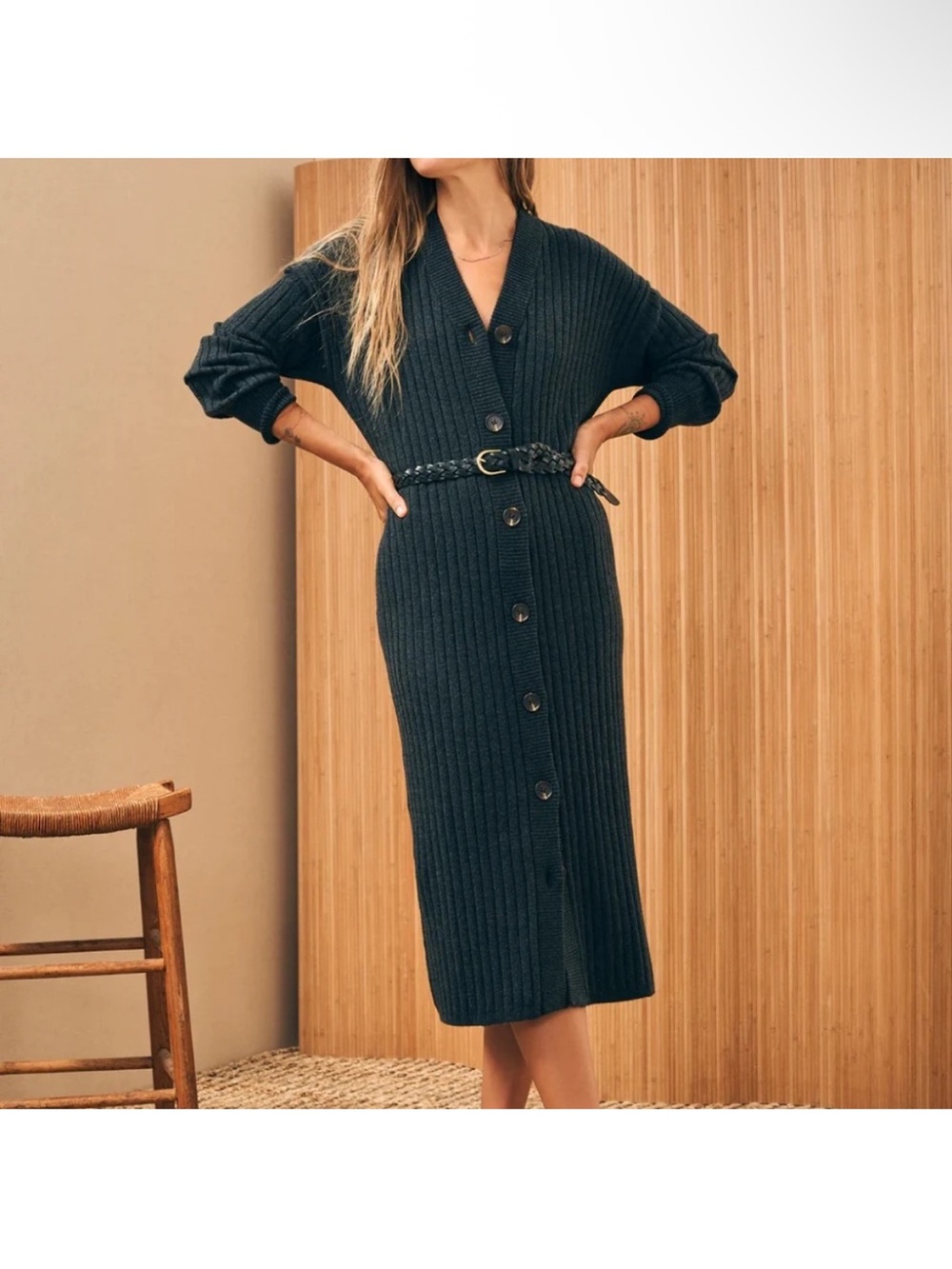 Faherty Ash Heather Gray Jackson Long Sleeve Rib Sweater Dress- XS